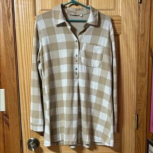 Soft Surroundings- Tan and White Plaid Long Sleeve Shirt- Size Medium